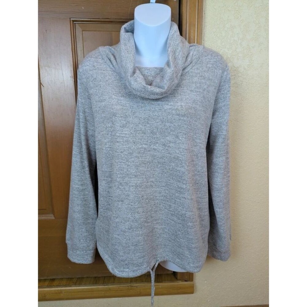Cowl Neck Knit Pullover Sweater with Drawstring Hem and Pockets Size L